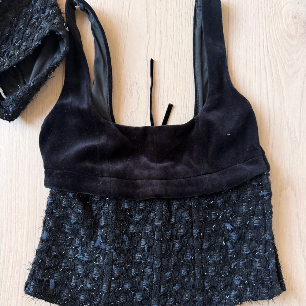 Black Velvet & Tweed Sleeveless Crop Tank Top